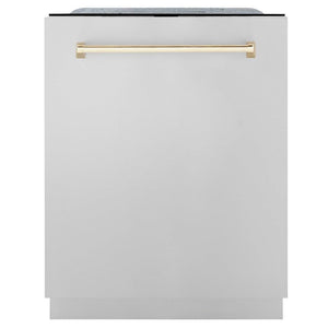 ZLINE Autograph Edition 24 in. 3rd Rack Top Touch Control Tall Tub Dishwasher in Stainless Steel with Polished Gold Handle, 45dBa (DWMTZ-304-24-G)