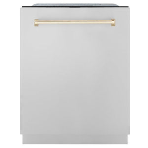 ZLINE Autograph Edition 24 in. 3rd Rack Top Touch Control Tall Tub Dishwasher in Stainless Steel with Polished Gold Handle, 45dBa (DWMTZ-304-24-G) front, closed.