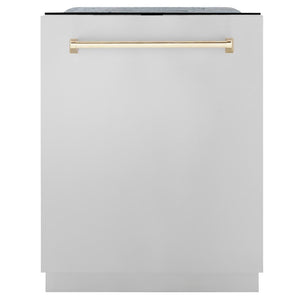 ZLINE Autograph Edition 24 in. 3rd Rack Top Touch Control Tall Tub Dishwasher in Stainless Steel with Polished Gold Handle, 45dBa (DWMTZ-304-24-G) front, closed.