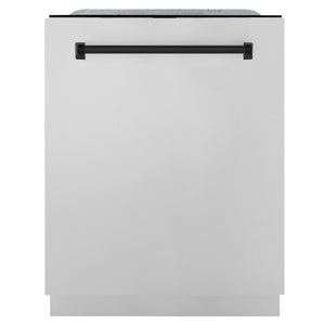 ZLINE Autograph Edition 24 in. 3rd Rack Top Touch Control Tall Tub Dishwasher in Stainless Steel with Matte Black Handle, 45dBa (DWMTZ-304-24-MB) front, closed.