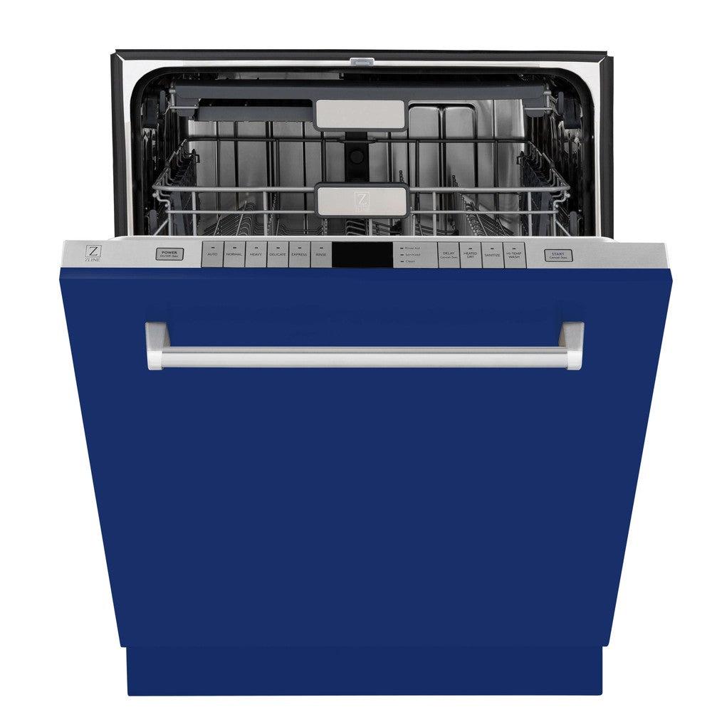 ZLINE 24 in. Monument Series 3rd Rack Top Touch Control Dishwasher with Blue Gloss Panel, 45dBa (DWMT-24-BG) front, half open.