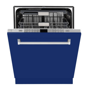 ZLINE 24 in. Monument Series 3rd Rack Top Touch Control Dishwasher with Blue Matte Panel, 45dBa (DWMT-24-BM) front, half open.