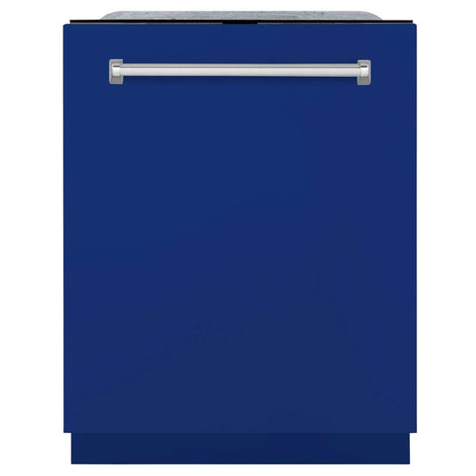 ZLINE 24 in. Monument Series 3rd Rack Top Touch Control Dishwasher with Blue Gloss Panel, 45dBa (DWMT-24-BG) front, closed.