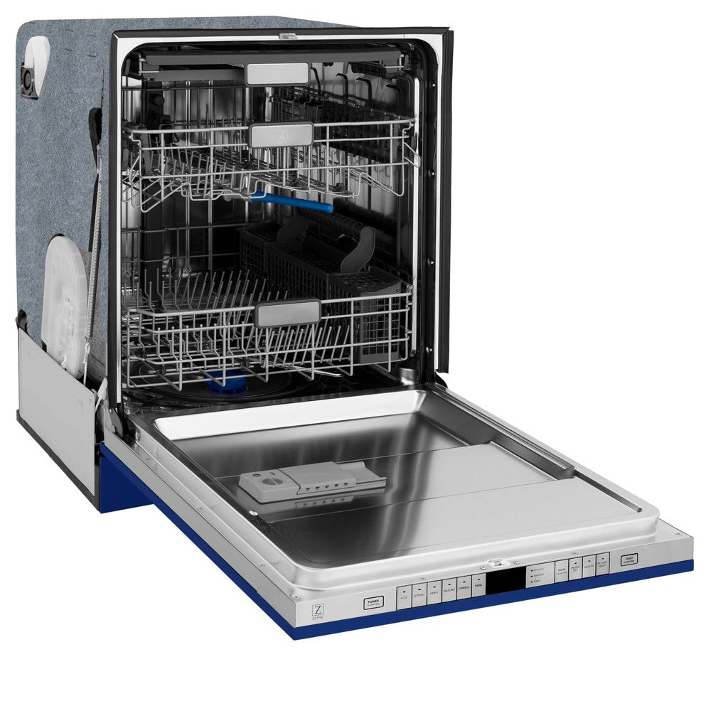 ZLINE 24 in. Monument Series 3rd Rack Top Touch Control Dishwasher with Blue Gloss Panel, 45dBa (DWMT-24-BG) side, open.