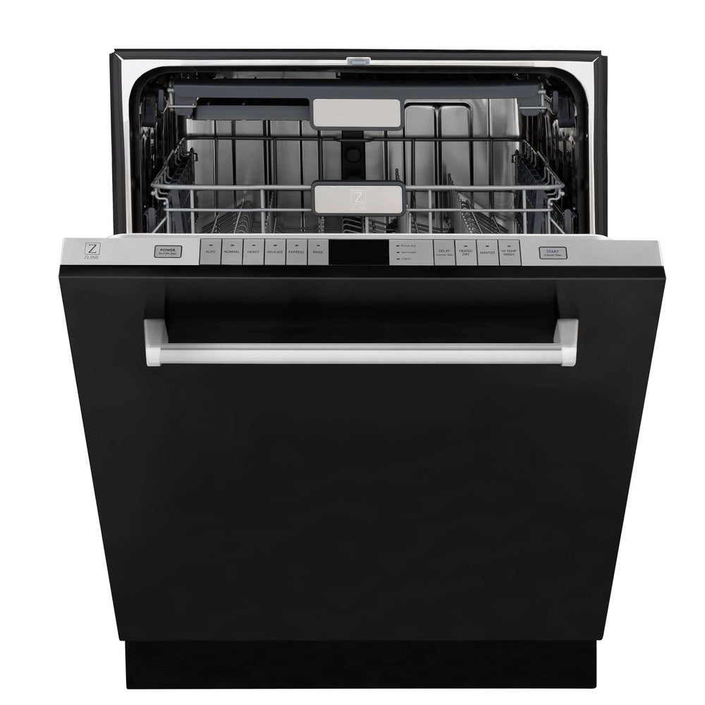 ZLINE 24 in. Monument Series 3rd Rack Top Touch Control Dishwasher with Black Matte Panel, 45dBa (DWMT-BLM-24) front, half open.