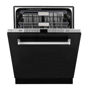 ZLINE 24 in. Monument Series 3rd Rack Top Touch Control Dishwasher with Black Matte Panel, 45dBa (DWMT-BLM-24) front, half open.