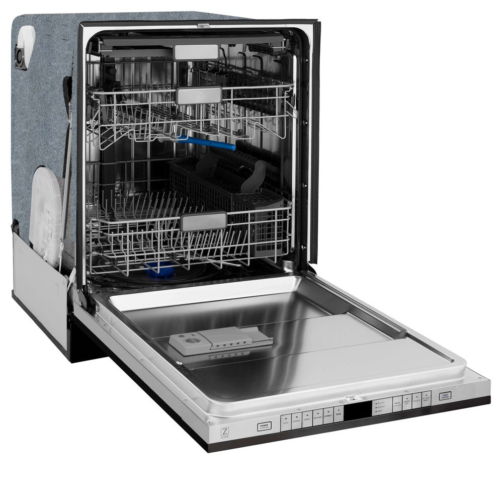 ZLINE 24 in. Monument Series 3rd Rack Top Touch Control Dishwasher with Black Matte Panel, 45dBa (DWMT-BLM-24) side, open.