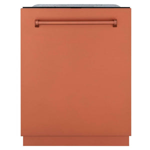 ZLINE 24 in. Monument Series 3rd Rack Top Touch Control Dishwasher with Copper Panel, 45dBa (DWMT-C-24) front, closed.