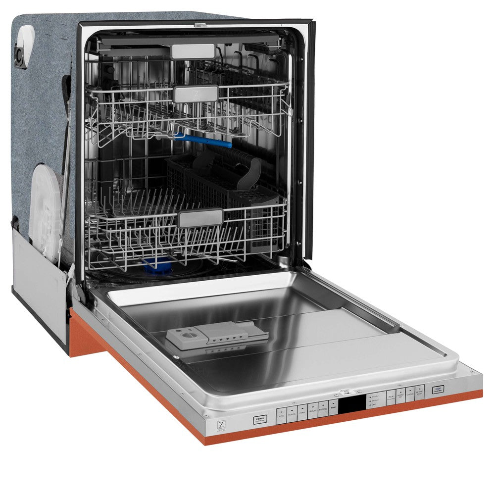 ZLINE 24 in. Monument Series 3rd Rack Top Touch Control Dishwasher with Copper Panel, 45dBa (DWMT-C-24) side, open.