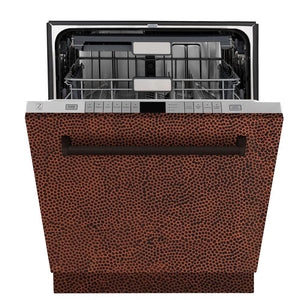 ZLINE 24 in. Monument Series 3rd Rack Top Touch Control Dishwasher with Hand-Hammered Copper Panel, 45dBa (DWMT-HH-24) front, half open.