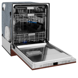 ZLINE 24 in. Monument Series 3rd Rack Top Touch Control Dishwasher with Hand-Hammered Copper Panel, 45dBa (DWMT-HH-24) side, open.