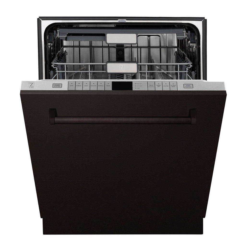 ZLINE 24 in. Monument Series 3rd Rack Top Touch Control Dishwasher with Oil-Rubbed Bronze Panel, 45dBa (DWMT-ORB-24) front, half open.