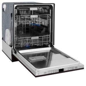 ZLINE 24 in. Monument Series 3rd Rack Top Touch Control Dishwasher with Oil-Rubbed Bronze Panel, 45dBa (DWMT-ORB-24) side, open.