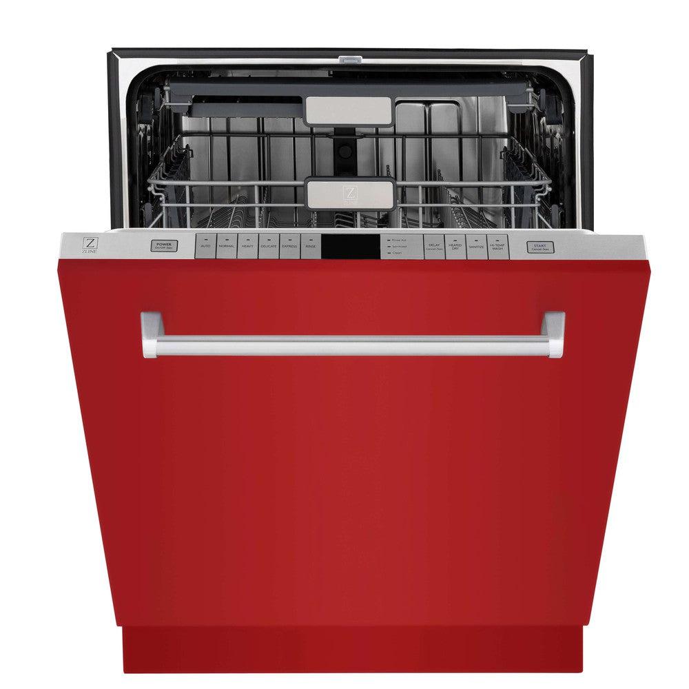 ZLINE 24 in. Monument Series 3rd Rack Top Touch Control Dishwasher with Red Gloss Panel, 45dBa (DWMT-RG-24) front, half open.