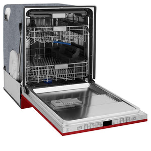 ZLINE 24 in. Monument Series 3rd Rack Top Touch Control Dishwasher with Red Gloss Panel, 45dBa (DWMT-RG-24) side, open.