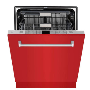 ZLINE 24 in. Monument Series 3rd Rack Top Touch Control Dishwasher with Red Matte Panel, 45dBa (DWMT-RM-24) front, half open.