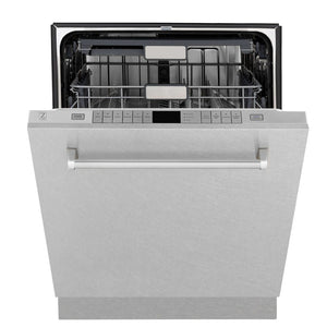 ZLINE 24 in. Monument Series 3rd Rack Top Touch Control Dishwasher with Fingerprint Resistant Stainless Steel Panel, 45dBa (DWMT-SN-24) front, half open.