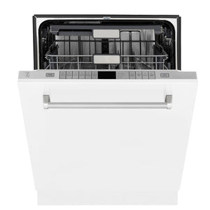 ZLINE 24 in. Panel-Included Monument Series 3rd Rack Top Touch Control Dishwasher with White Matte Panel, 45dBa (DWMT-WM-24) front, half open.