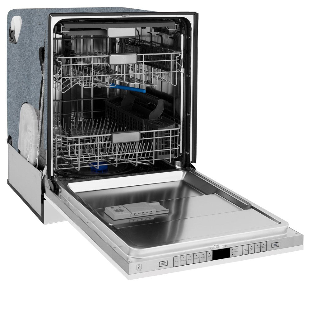 ZLINE 24 in. Panel-Included Monument Series 3rd Rack Top Touch Control Dishwasher with White Matte Panel, 45dBa (DWMT-WM-24) side, open.