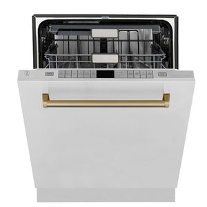 ZLINE Autograph Edition 24 in. 3rd Rack Top Touch Control Tall Tub Dishwasher in Stainless Steel with Champagne Bronze Handle, 45dBa (DWMTZ-304-24-CB) front, half open.