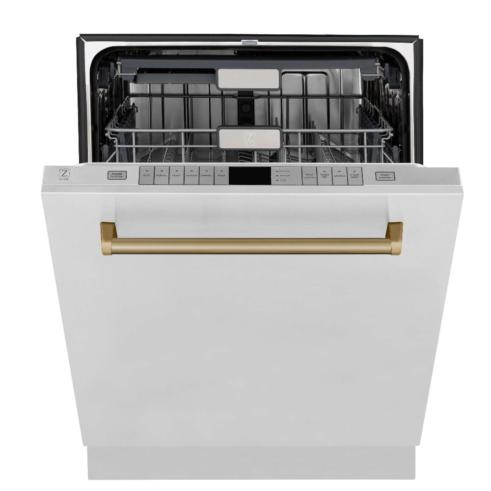 ZLINE Autograph Edition 24 in. 3rd Rack Top Touch Control Tall Tub Dishwasher in Stainless Steel with Champagne Bronze Handle, 45dBa (DWMTZ-304-24-CB) front, half open.