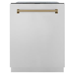 ZLINE Autograph Edition 24 in. 3rd Rack Top Touch Control Tall Tub Dishwasher in Stainless Steel with Champagne Bronze Handle, 45dBa (DWMTZ-304-24-CB) front, closed.