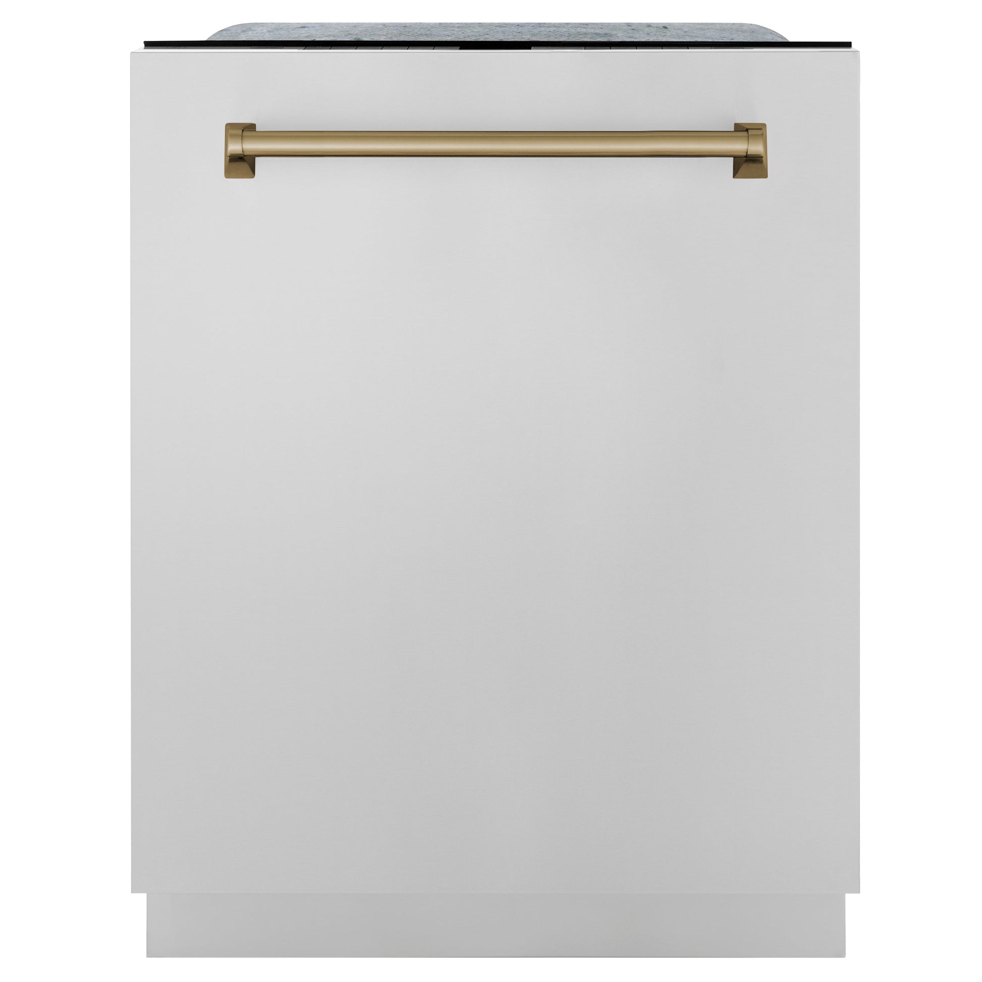 ZLINE Autograph Edition 24 in. 3rd Rack Top Touch Control Tall Tub Dishwasher in Stainless Steel with Champagne Bronze Handle, 45dBa (DWMTZ-304-24-CB) front, closed.