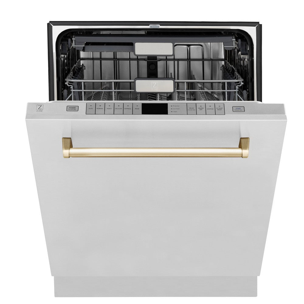 ZLINE Autograph Edition 24 in. 3rd Rack Top Touch Control Tall Tub Dishwasher in Stainless Steel with Polished Gold Handle, 45dBa (DWMTZ-304-24-G) front, half open.