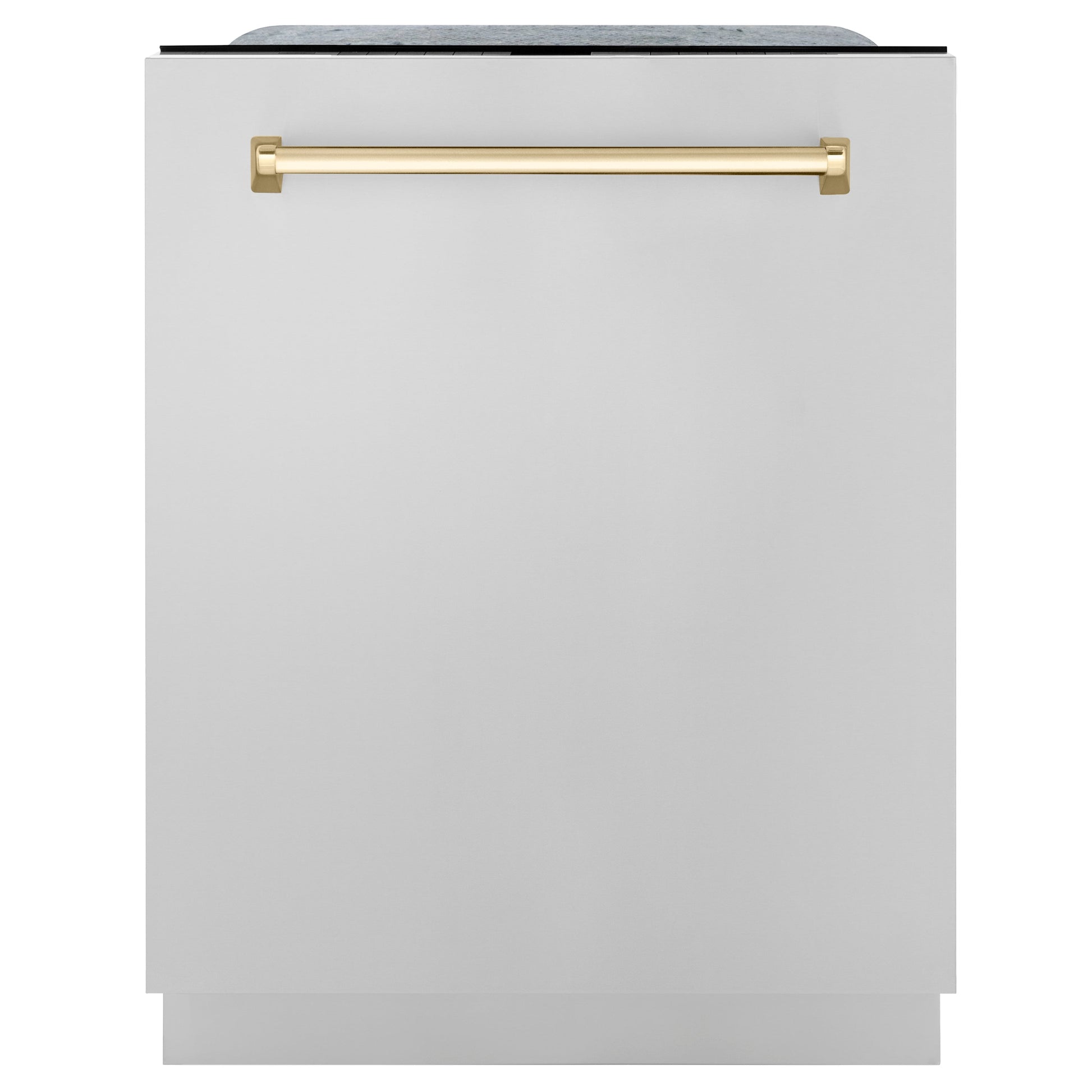 ZLINE Autograph Edition 24 in. 3rd Rack Top Touch Control Tall Tub Dishwasher in Stainless Steel with Polished Gold Handle, 45dBa (DWMTZ-304-24-G) front, closed.