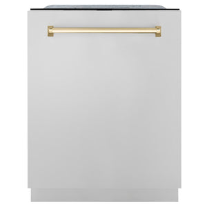 ZLINE Autograph Edition 24 in. 3rd Rack Top Touch Control Tall Tub Dishwasher in Stainless Steel with Polished Gold Handle, 45dBa (DWMTZ-304-24-G) front, closed.