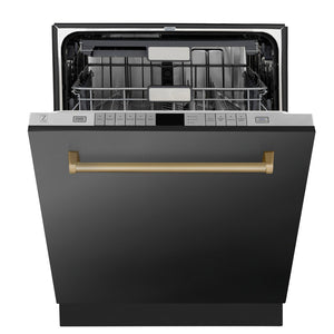 ZLINE Autograph Edition 24 in. 3rd Rack Top Touch Control Tall Tub Dishwasher in Black Stainless Steel with Champagne Bronze Handle, 45dBa (DWMTZ-BS-24-CB) front, half open.