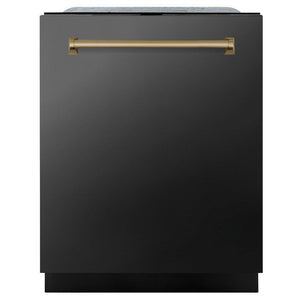 ZLINE Autograph Edition 24 in. 3rd Rack Top Touch Control Tall Tub Dishwasher in Black Stainless Steel with Champagne Bronze Handle, 45dBa (DWMTZ-BS-24-CB) front, closed.