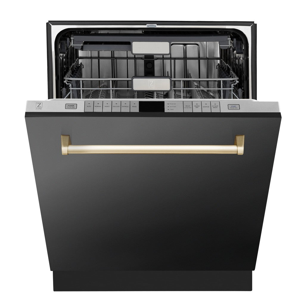 ZLINE Autograph Edition 24 in. 3rd Rack Top Touch Control Tall Tub Dishwasher in Black Stainless Steel with Polished Gold Handle, 45dBa (DWMTZ-BS-24-G) front, half open.