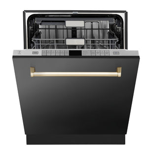 ZLINE Autograph Edition 24 in. 3rd Rack Top Touch Control Tall Tub Dishwasher in Black Stainless Steel with Polished Gold Handle, 45dBa (DWMTZ-BS-24-G) front, half open.