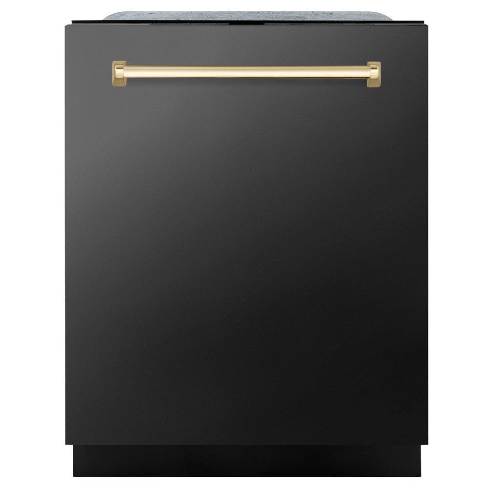 ZLINE Autograph Edition 24 in. 3rd Rack Top Touch Control Tall Tub Dishwasher in Black Stainless Steel with Polished Gold Handle, 45dBa (DWMTZ-BS-24-G) front, closed.