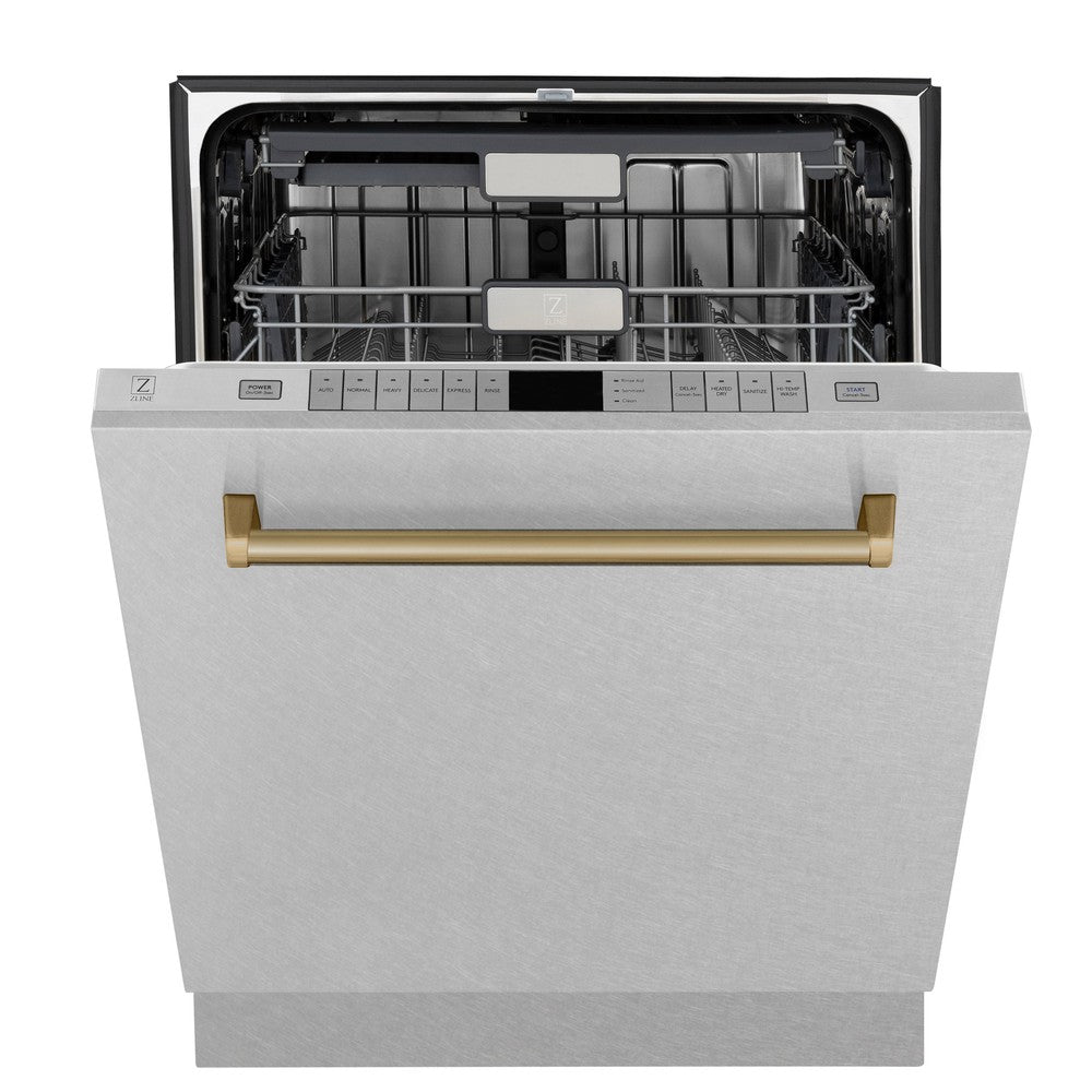 ZLINE Autograph Edition 24 in. 3rd Rack Top Control Tall Tub Dishwasher in Fingerprint Resistant Stainless Steel with Champagne Bronze Accents, 45dBa (DWMTZ-SN-24-CB) front, half open.