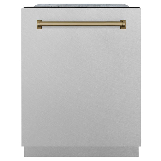 ZLINE Autograph Edition 24 in. 3rd Rack Top Control Tall Tub Dishwasher in Fingerprint Resistant Stainless Steel with Champagne Bronze Accents, 45dBa (DWMTZ-SN-24-CB) front, closed.