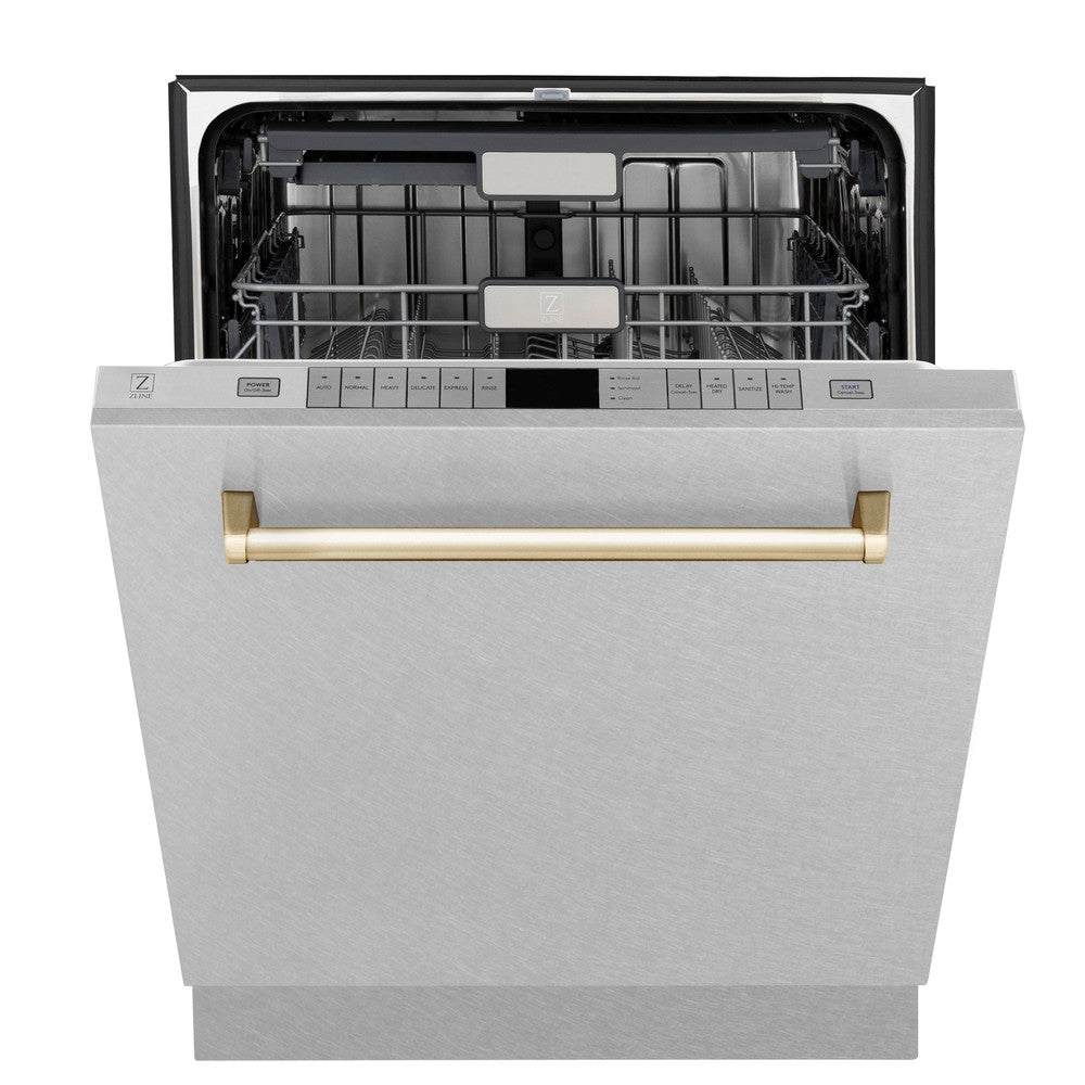 ZLINE Autograph Edition 24 in. Monument Dishwasher in DuraSnow Stainless Steel with Gold Handle (DWMTZ-SN-24-G) Front View Door Partially Open