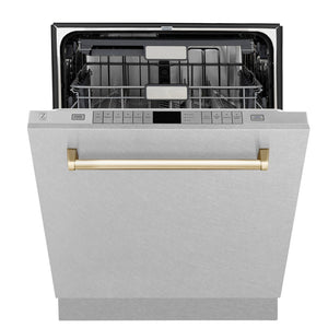 ZLINE Autograph Edition 24 in. 3rd Rack Top Control Tall Tub Dishwasher in Fingerprint Resistant Stainless Steel with Polished Gold Accents, 45dBa (DWMTZ-SN-24-G) front, half open.