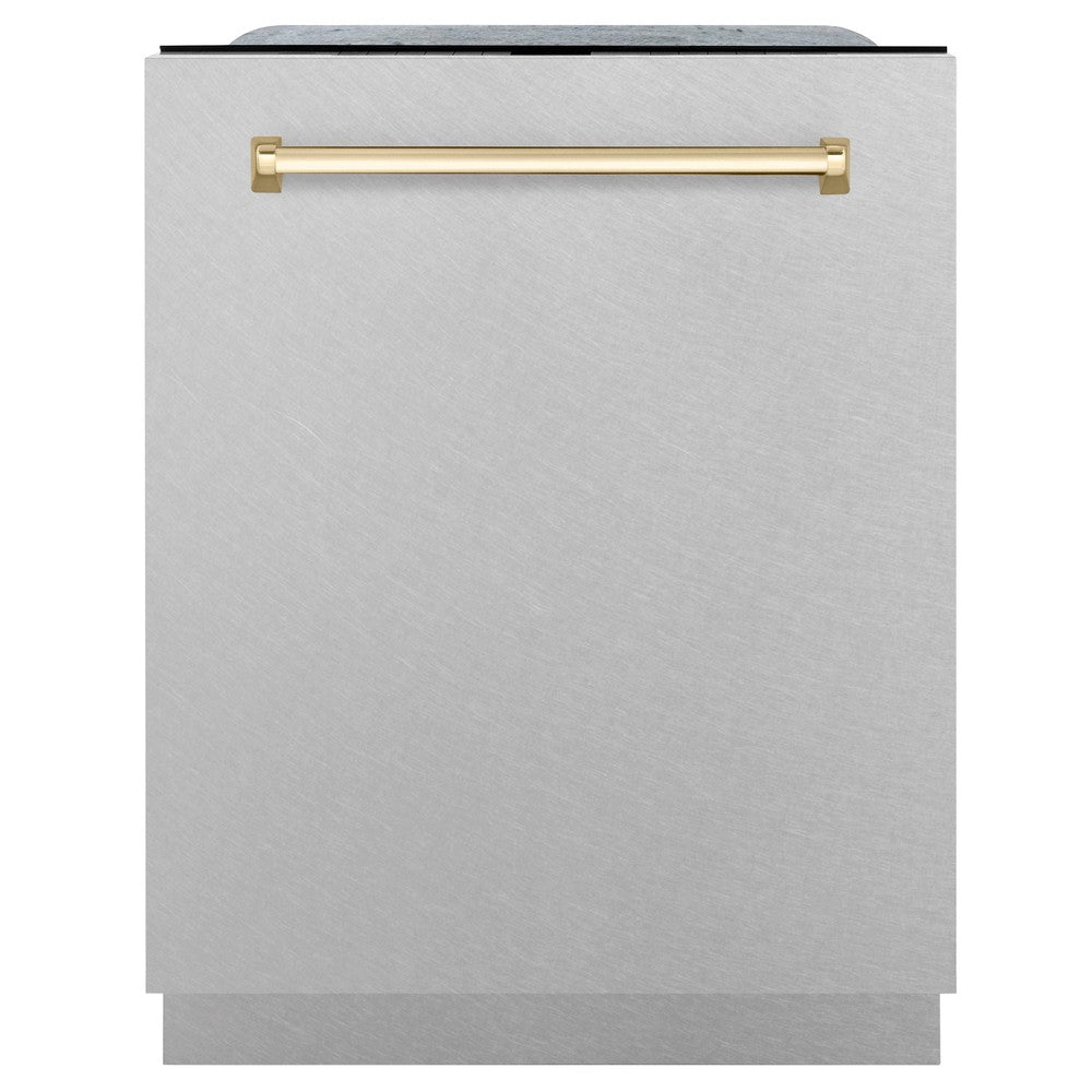ZLINE Autograph Edition 24 in. 3rd Rack Top Control Tall Tub Dishwasher in Fingerprint Resistant Stainless Steel with Polished Gold Accents, 45dBa (DWMTZ-SN-24-G) front.