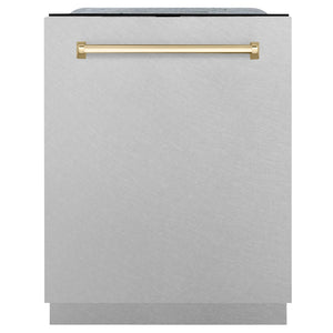 ZLINE Autograph Edition 24 in. 3rd Rack Top Control Tall Tub Dishwasher in Fingerprint Resistant Stainless Steel with Polished Gold Accents, 45dBa (DWMTZ-SN-24-G) front.