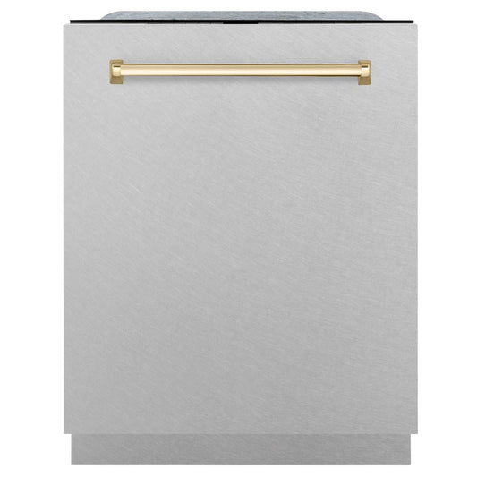 ZLINE Autograph Edition 24 in. 3rd Rack Top Control Tall Tub Dishwasher in Fingerprint Resistant Stainless Steel with Polished Gold Accents, 45dBa (DWMTZ-SN-24-G) front, closed.