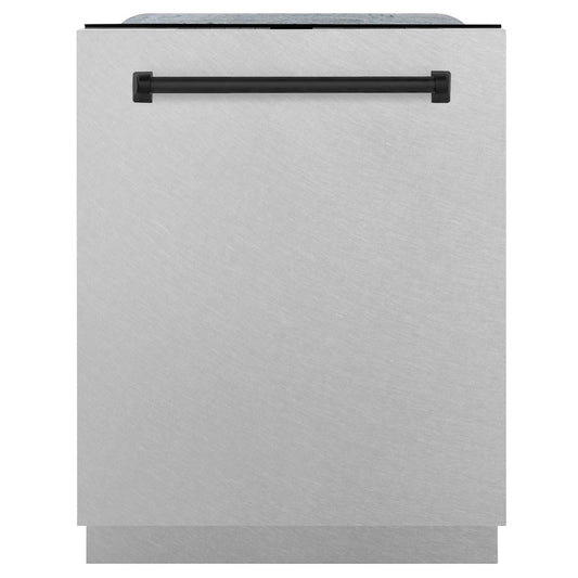 ZLINE Autograph Edition 24 in. 3rd Rack Top Control Tall Tub Dishwasher in Fingerprint Resistant Stainless Steel with Matte Black Accents, 45dBa (DWMTZ-SN-24-MB) front, closed.