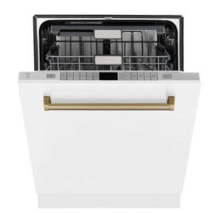 ZLINE Autograph Edition 30 in. Kitchen Package with Stainless Steel Dual Fuel Range with White Matte Door, Range Hood and Dishwasher with Champagne Bronze Accents (3AKP-RAWMRHDWM30-CB) 