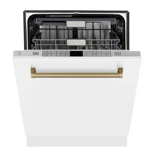 ZLINE Autograph Edition 48 in. Kitchen Package with Stainless Steel Dual Fuel Range with White Matte Door, Range Hood and Dishwasher with Champagne Bronze Accents (3AKP-RAWMRHDWM48-CB) 