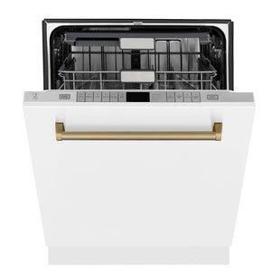 ZLINE Autograph Edition 24 in. 3rd Rack Top Touch Control Tall Tub Dishwasher in White Matte with Champagne Bronze Accent Handle, 45dBa (DWMTZ-WM-24-CB) front, half open.