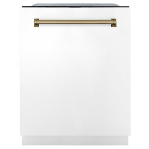 ZLINE Autograph Edition 48 in. Kitchen Package with Stainless Steel Dual Fuel Range with White Matte Door, Range Hood and Dishwasher with Champagne Bronze Accents (3AKP-RAWMRHDWM48-CB) 