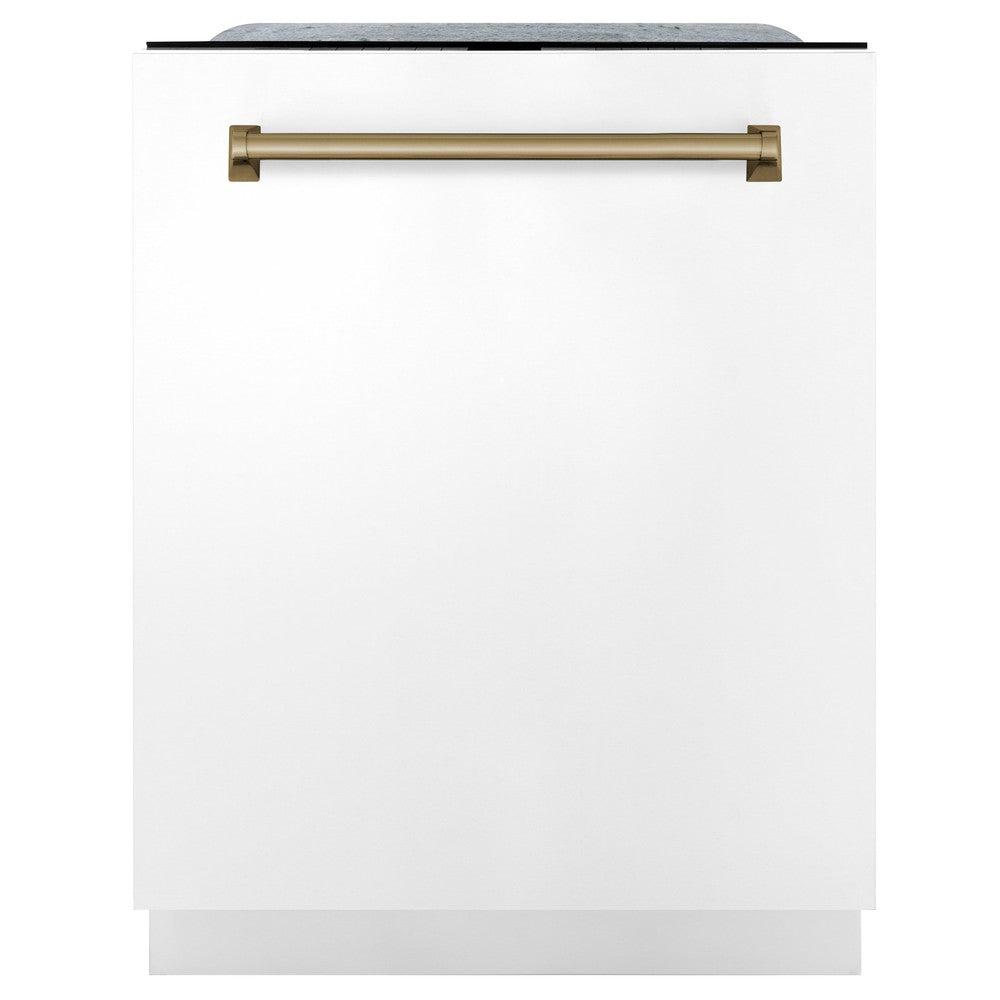 ZLINE Autograph Edition 24 in. 3rd Rack Top Touch Control Tall Tub Dishwasher in White Matte with Champagne Bronze Accent Handle, 45dBa (DWMTZ-WM-24-CB) front, closed.