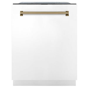 ZLINE Autograph Edition 24 in. 3rd Rack Top Touch Control Tall Tub Dishwasher in White Matte with Champagne Bronze Accent Handle, 45dBa (DWMTZ-WM-24-CB) front, closed.