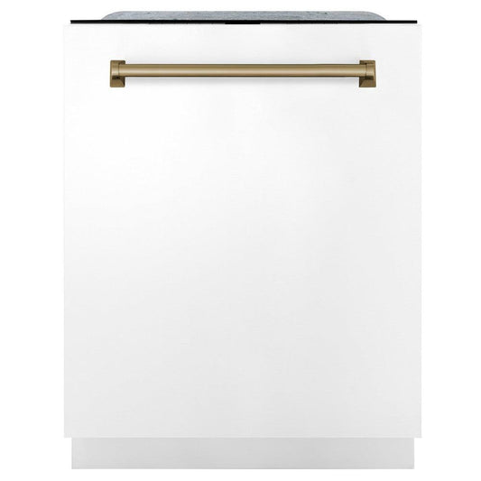 ZLINE Autograph Edition 24 in. 3rd Rack Top Touch Control Tall Tub Dishwasher in White Matte with Champagne Bronze Accent Handle, 45dBa (DWMTZ-WM-24-CB) front, closed.